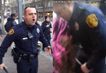 On the left is the officer approaching a City Paper reporter. On the right is an officer pushing a teen girl with his baton.
