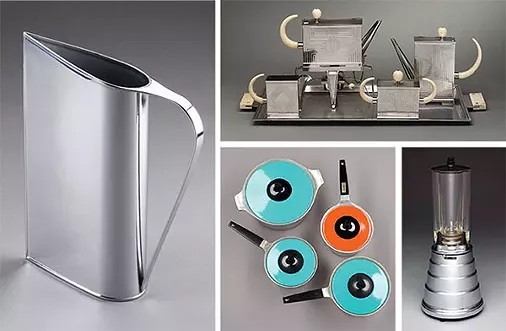 Work by Peter Muller-Munk, clockwise from left: Normandie pitcher for Revere Copper and Brass, from 1935; a 1931 tea service by Peter Muller-Munk (from the Metropolitan Museum of Art, New York; gift of Mr. & Mrs. Herbert R. Isenburger); (both photos courtesy of the Carnegie Museum of Art); Waring blender, from 1937; and Peter Muller-Munk Associates’ Symbol line of cast-aluminum cookware, from 1962 (from the Carnegie Museum of Art, gift of Jewel Stern). (both photos courtesy of the Dallas Museum of Art)