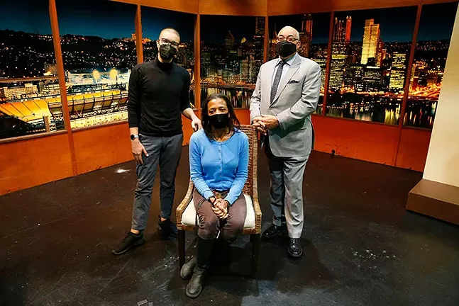 WQED Digital Producer Willy James, WQED Senior Producer Minette Seate, and former Black Horizons host Chris Moore in the WQED Studios - CP PHOTO: JARED WICKERHAM