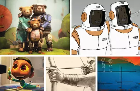 Clockwise from upper left: “Bear Story,” We Can’t Live Without the Cosmos,” “World of Tomorrow,” “Prologue” and “Sanjay’s Super Team”