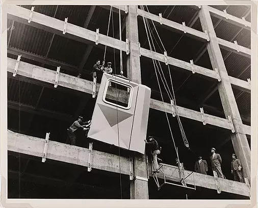 Workmen installing the first aluminum panel on Downtown’s Alcoa Building, 1951 - PHOTO BY NEWMAN-SCHMIDT STUDIOS, COURTESY OF DIRECTOR’S DISCRETIONARY FUND