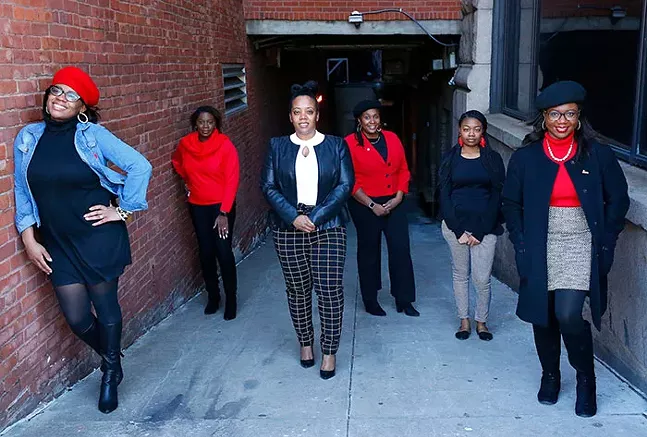 Urban League Young Professionals of Greater Pittsburgh members Monique Smith, Vice President; Anette Nance, Community Service Chair; Ja’Lisa Brown, Health & Wellness Committee Co-Chair and Professional Development Committee Co-Chair; Adia Effiong, Parliamentarian; Chavaysha Chaney, Advocacy Committee Co-Chair; and Dr. Tiffany Hatcher, Professional Development Committee Co-Chair and Health & Wellness Committee Co-Chair - CP PHOTO: JARED WICKERHAM