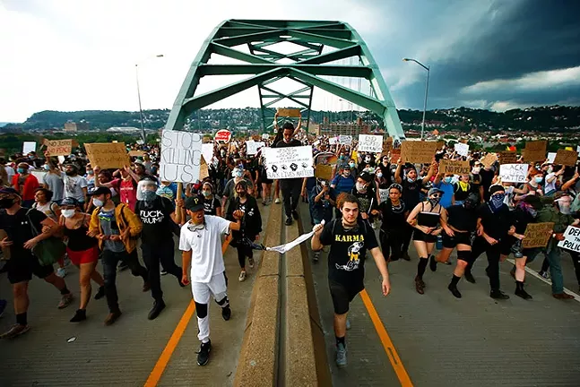 Black Lives Matter protesters march through Downtown Pittsburgh, the South Side, and the Hill District on Thu., June 4, 2020. - CP PHOTO: JARED WICKERHAM