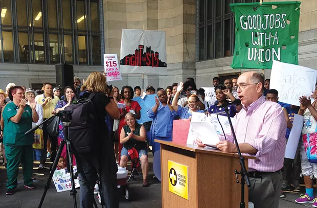 Barney Oursler, of Pittsburgh United, leads a rally for fair pay and unionization for hospital workers last year. - PHOTO BY RYAN DETO