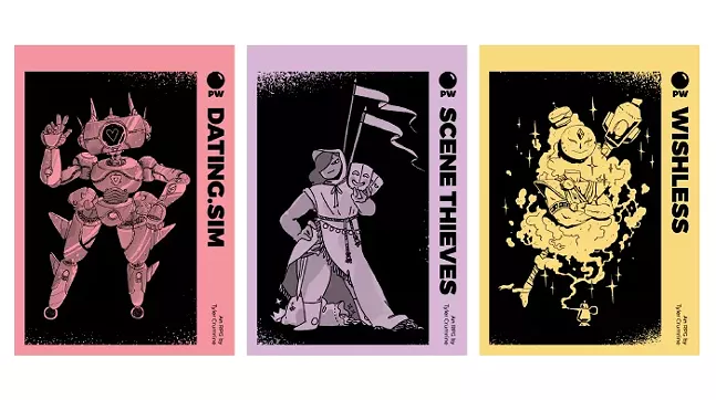 Dating Sim artwork by Sam Mameli, Scene Thieves artwork by Pol Clarissou, Wishless artwork by Jimmy Knives