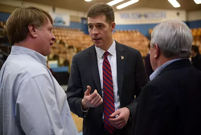 Conor Lamb (center) speaks with Allegheny County Executive Rich Fitzgerald - PHOTO: COURTESY OF LAMB'S CAMPAIGN FLICKR