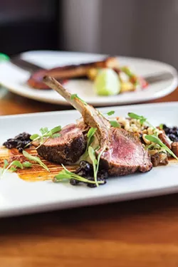 Pallentia: Cordero from Pallentia: Two double-cut lamb chops, celeriac puree, lambcetta, pine nuts, couscous, honey harissa, cilantro and drunken currants - PHOTO BY VANESSA SONG