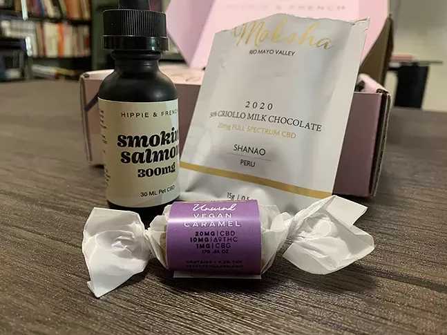 Smokin’ Salmon tincture, Moksha 50% Criollo Milk Chocolate, and Seventh Hill: Unwind Vegan Caramel from Hippie and French. - CP PHOTO: KIMBERLY ROONEY 高小荣