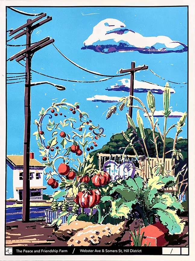 Barber's silkscreen print of The Peace and Friendship Farm in the Hill District. - COURTESY OF CHARLIE BARBER