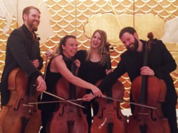 Left to right: PSO cellists Charlie Powers, Bronwyn Banert, Allie Thompson and Michael DeBruyn, will perform tomorrow at noon at Fifth Avenue Place, Downtown