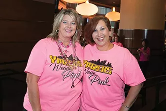 Cancer survivors Kimberly Booher and Laura McCurdy from the American Cancer Society at the “Real Men Wear Pink” podcast event - CP PHOTO BY JOHN COLOMBO