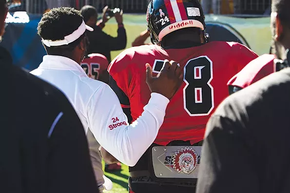 Aliquippa coaches and players wore the number of senior DiMantae Bronaugh who is fighting cancer - CP PHOTO BY LUKE THOR TRAVIS