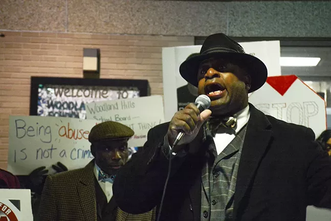 Minister Victor Muhammad speaks to a crowd of protesters outside of Woodland Hills High School. - CP PHOTO BY STEPHEN CARUSO