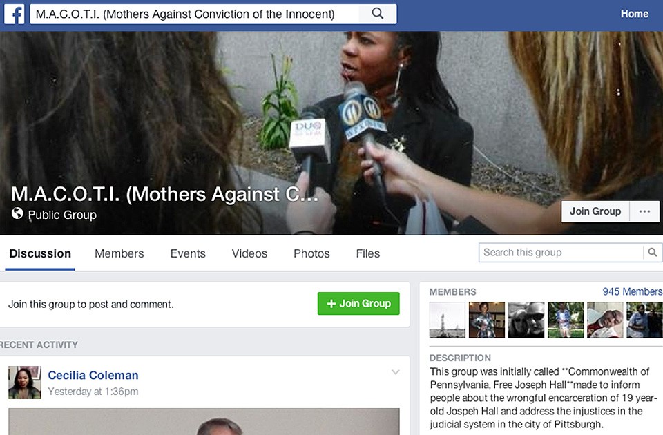 A screencap of the Facebook group M.A.C.O.T.I. (Mothers Against Conviction of the Innocent)