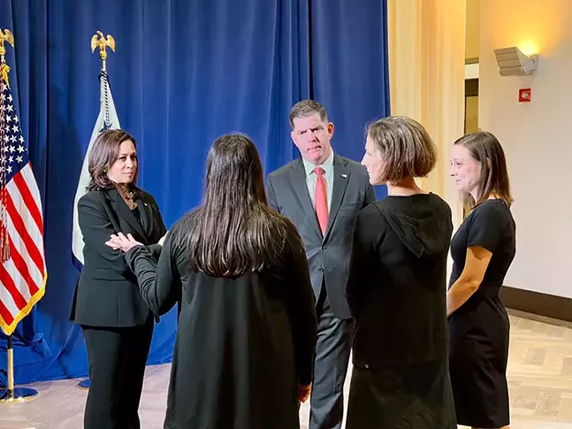 Vice President Kamala Harris and U.S. Labor Secretary Marty Walsh with Google contractors in Pittsburgh on Mon., June 21, 2021 - TWITTER PHOTO BY VP KAMALA HARRIS DIRECTOR OF PRESS OPERATIONS PETER VELZ