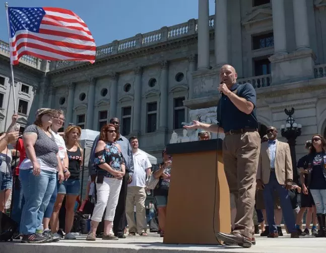 State Sen. Doug Mastriano (R-Franklin) speaks at a Capitol steps rally in Harrisburg on June 5, 2021. - CAPITAL-STAR PHOTO BY STEPHEN CARUSO