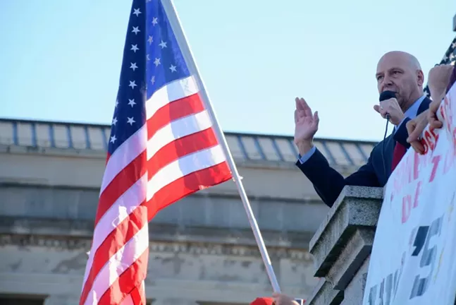 Doug Mastriano addresses a crowd of Trump supporters at the Pennsylvania state Capitol on Nov. 7 - CAPITAL-STAR PHOTO BY STEPHEN CARUSO