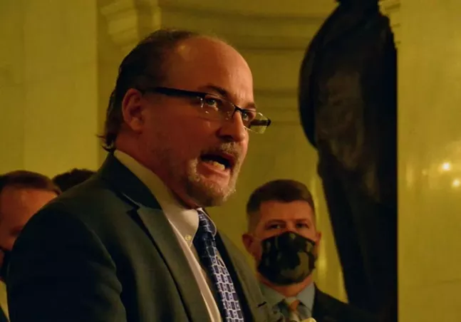 House Majority Leader Kerry Benninghoff (R-Centre) speaks at a February 2021 press conference - CAPITAL-STAR PHOTO