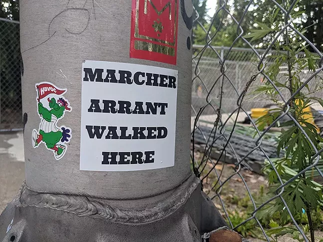 One of Marcher Arrant's stickers on Pittsburgh's North Side - CP PHOTO: LISA CUNNINGHAM