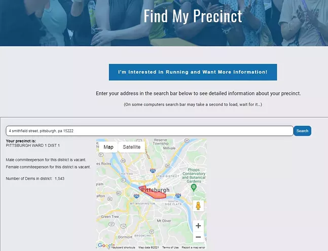 Example of the precinct lookup using Pittsburgh City Paper's address - SCREENSHOT TAKEN FROM ALLEGHENYDEMS.ORG