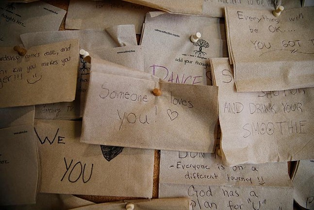 Uplifting handwritten notes hung up by customers hung on Uzima’s “Depression Cloud” - CP PHOTO: JARED WICKERHAM