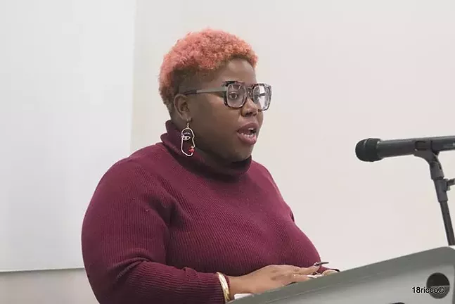 Miracle Jones shares her story during Soul Pitt Media and Storyburgh’s Mental Health Talk event at the Point Park University’s Center for Media Innovation. - PHOTO: RICCO J.L. MARTELLO