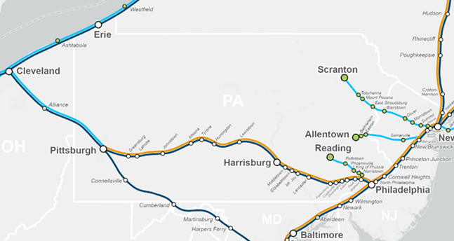 Map of proposed Amtrak expansion in Pennsylvania. Green dots are new stations, light blue lines are new service routes, orange lines mark expanded service. Dark blue lines are for existing service. White dots are existing stations. - SCREENSHOT TAKEN FROM AMTRAK