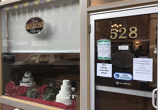 The bakery storefront on East Ohio Street, with a Prantl's sign on door and Priory sign in window - CP PHOTO: RYAN DETO