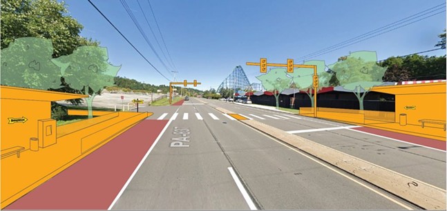 Rendering of Port Authority’s vision for the Homestead to McKeesport Transportation and Pedestrian project, including bus-only lanes in red, and enhanced stations in yellow. - IMAGE: COURTESY OF PORT AUTHORITY
