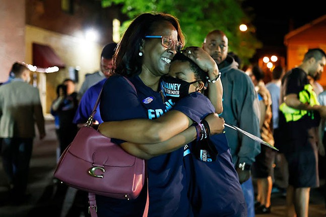 Michelle Gainey hugs son Darius after her husband, Ed Gainey, took the lead against incumbent Bill Peduto in the Democratic Mayoral Primary on Tue., May 19, 2021. - CP PHOTO: JARED WICKERHAM