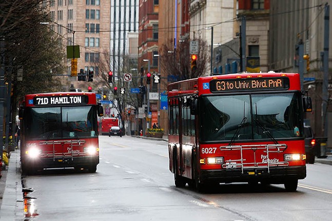 Port Authority buses in Pittsburgh - CP PHOTO: JARED WICKERHAM