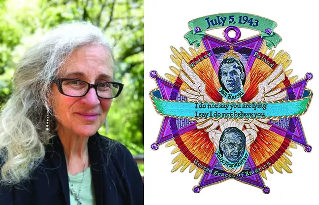A portrait of a woman with long, light-colored hair and black-rimmed glasses next to a colorful piece of artwork that resembles a crest. On the artwork are the words "I do not say that you are lying, I say I do not believe you"