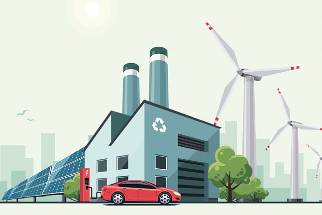 An illustration of a red car parked in front of a factory with a recycling logo on it. A wind turbine stands to the right.