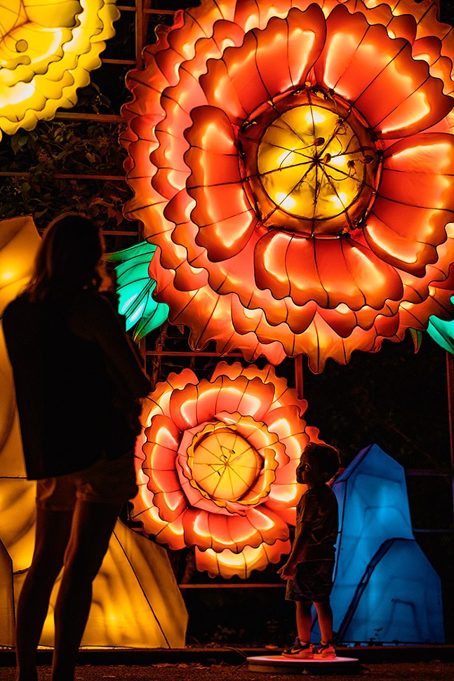 An adult and a child stand in front of large lit-up flower-shaped lanterns