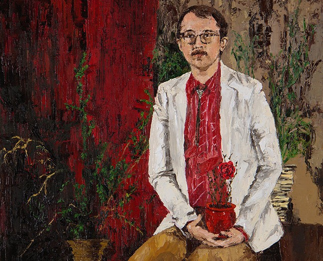 A painting of a man in a blazer holding a pot of roses