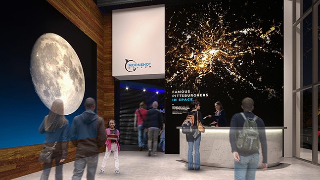 People admire giant images of space in a rendering for the Moonshot Museum in Pittsburgh
