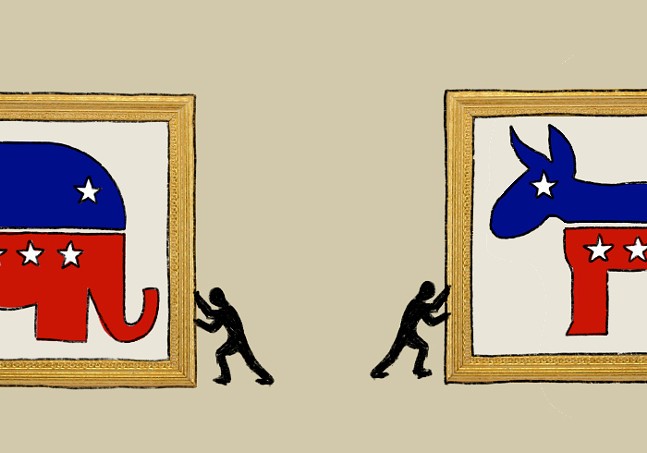 Tiny people push away picture frames containing images of a Republican Elephant and a Democrat Donkey