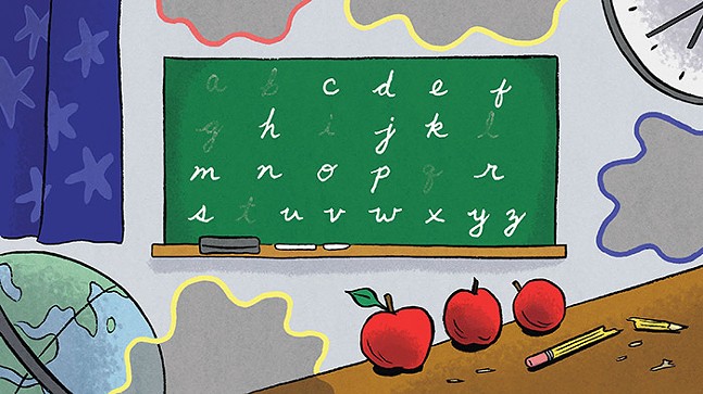 Illustration of a classroom, with apples, a globe, and a broken pencil on a table. On the wall is a green chalkboard with some of the letters erased.