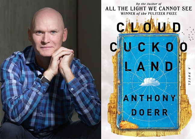 On the left, a bald man in a blue plaid shirt smiles with his chin resting on his hands. On the right is a book cover, with a framed image of a cloud against a blue sky and the text "Cloud Cuckoo Land, Anthony Doerr"
