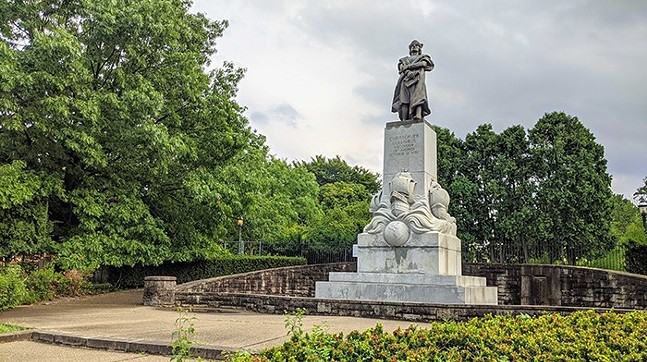 A statue of Christopher Columbus overlooks Schenley park in Pittsburgh