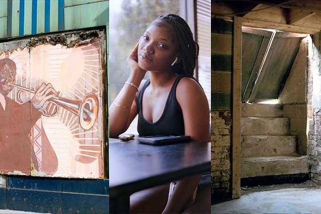 Three photos of a mural, a young Black woman, and a cellar stairway.