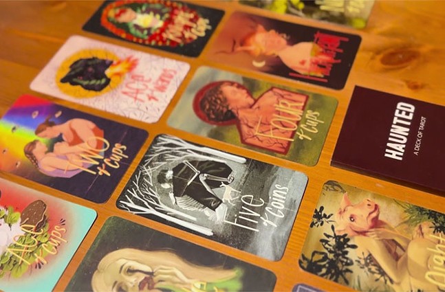 Rows of colorful tarot cards feature illustrations of different folklore from the Appalachian region.