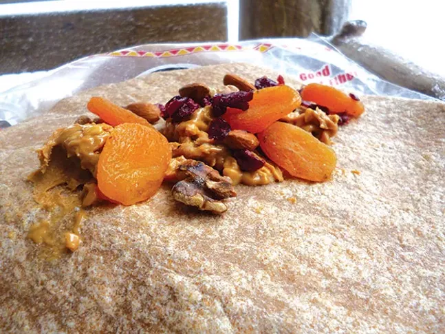 A Jen Brown trail meal: Whole-wheat tortilla with walnuts, apricots and peanut butter - PHOTO COURTESY OF JEN BROWN