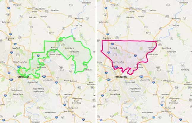 Borders showing how state senatorial District 38 has changed shape from 2001 (on left) to 2012 (on right). The boundary change split up the city’s predominantly African-American neighborhoods and eliminated a district that was once held by a Democrat. - SCREENCAPS FROM WWW.REDISTRICTING.STATE.PA.US