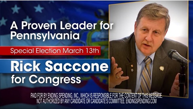 A screen shot of the Ending Spending Inc. TV ad supporting Rick Saccone - IMAGE COURTESY OF YOUTUBE
