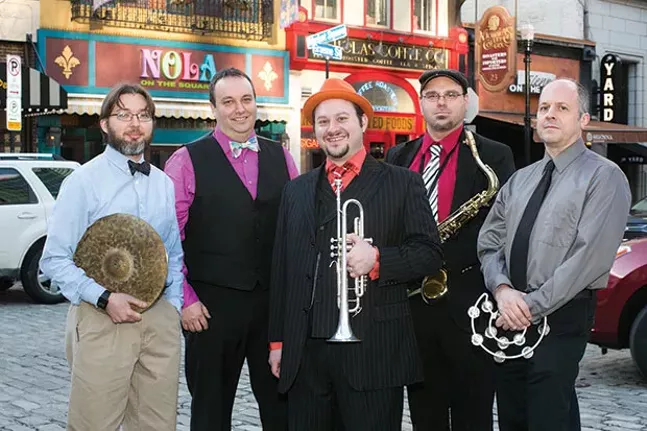 Swingin’: NSX’s Joe Palacki, Dave Frye, Mike Urick, Walter Hunter and Ken Reeser, outside NOLA on the Square - CP PHOTO BY JOHN COLOMBO