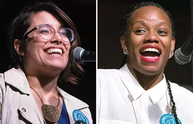 Sara Innamorato and Summer Lee during a candidate’s forum hosted by City Paper on April 12 - CP PHOTOS BY AARON WARNICK