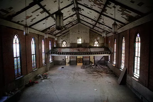 An empty St. Peter's Evangelical and Reformed Church sits on Lockhart Street. Built in 1988, this newly gutted building will soon serve as a 17-unit apartment building.