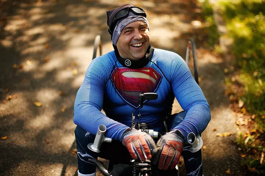 Attila Domos handcycles around the Highland Park bike track. - CP PHOTO: JARED WICKERHAM