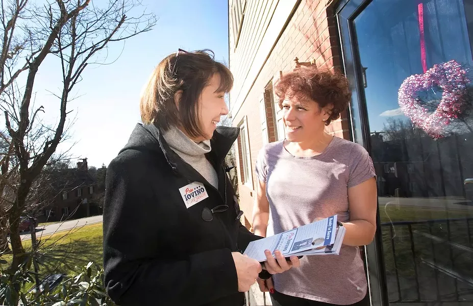 Pam Iovino (left) talking with a voter before Election Day - PHOTO COURTESY THE CAMPAIGN